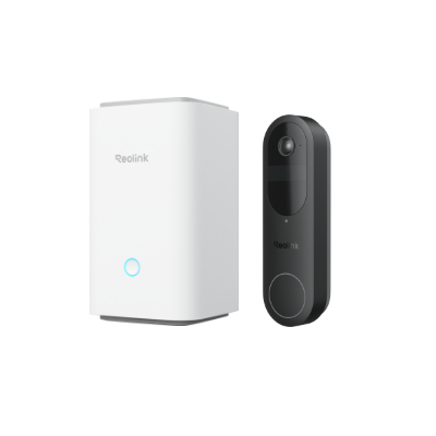 Black Reolink battery video doorbell and white Home Hub included in the kit