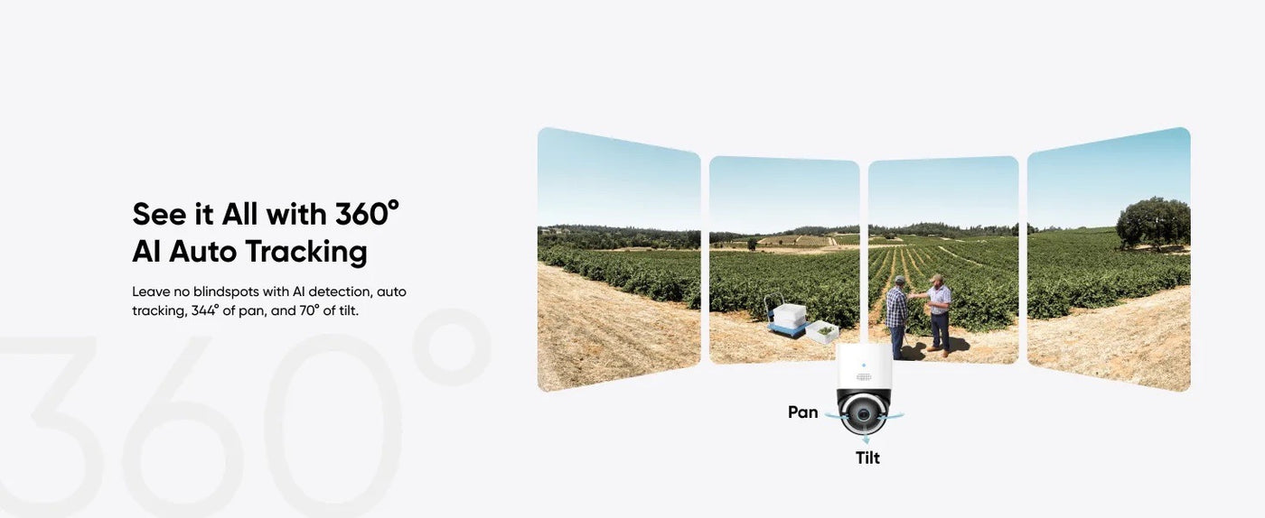Pan-and-tilt camera following vehicle and person movement across a wide outdoor area