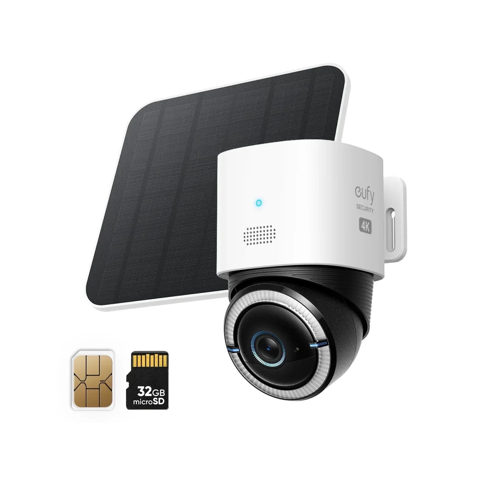 One complete 4K solar cellular outdoor camera set with camera, solar panel, SIM card, and microSD card