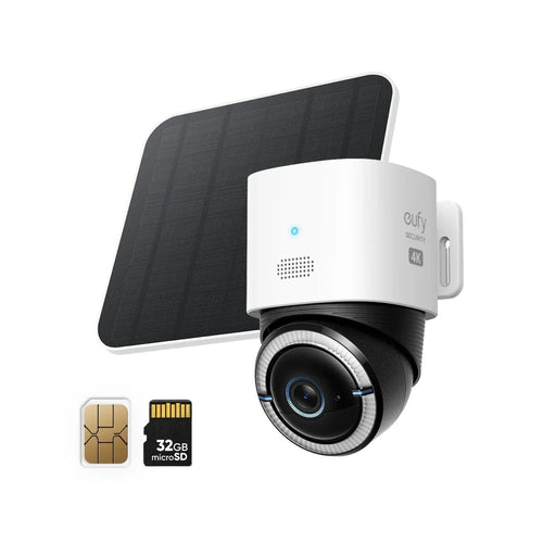 One complete 4K solar cellular outdoor camera set with camera, solar panel, SIM card, and microSD card