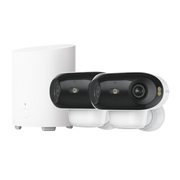 Two white Reolink Argus 4 Pro cameras with Home Hub Mini without SD card